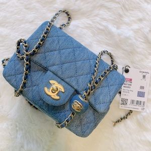 ❌SOLD❌NEW Chanel Pearl Crush Mini Square Denim Flap Bag w/Antique Gold Hardware